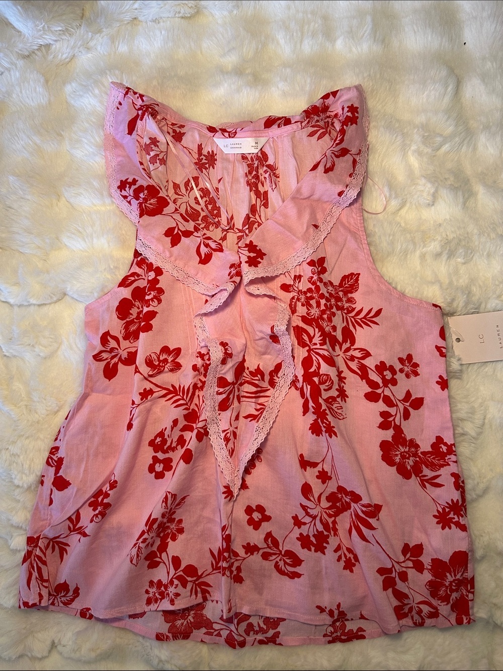 Floral Ruffle V-Neck Camisole in Pink & Red